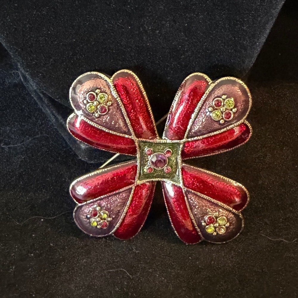 Vintage Red Purple Enamel Rhinestone Butterfly Brooch Gold Tone Y2K Statement